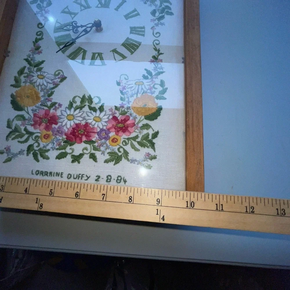 Hand Made Cross Stitch Clock In Wood Shadow Glass Box Plug-In 10.5